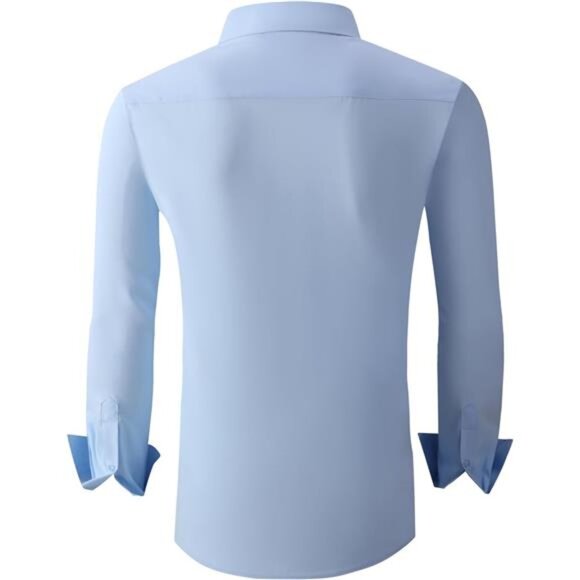 Men's Blue Polo Dress Shirts Regular Fit Long Sleeve Stretch Business‎ T-shirt - Picture 2 of 4